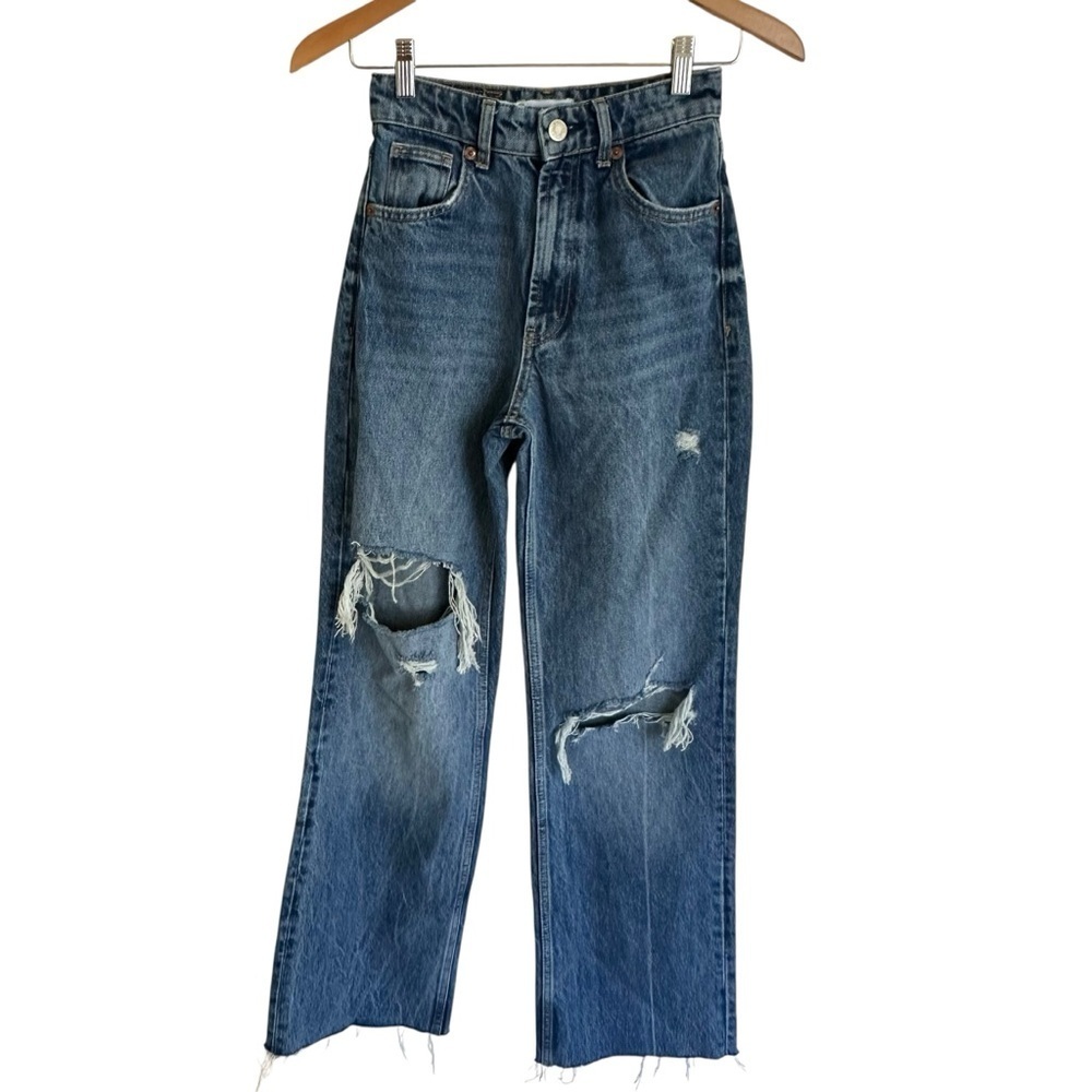 Zara Size 0 High Rise Ripped Wide Leg Jeans Frayed 100% Cotton 31” Inseam Denim